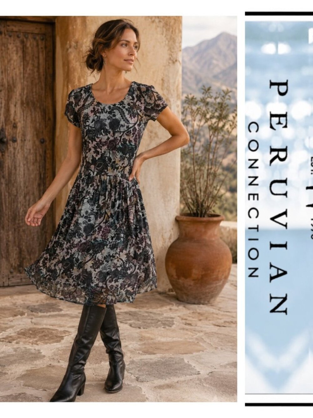Peruvian Connection Black Damask Floral Print Short Sleeve Fit Flare Dress S NEW